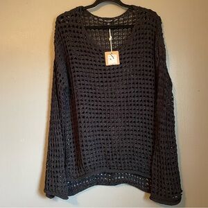 NIB Blu Pepper Large Women’s Black Swim Knit Pull Over Long Bell Sleeve Cover Up